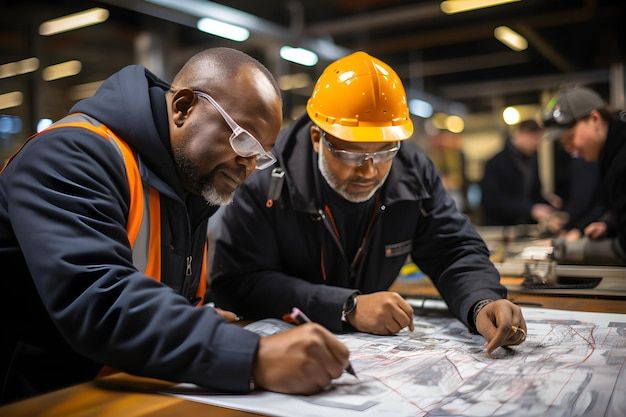 Engineers reviewing architectural plans on site