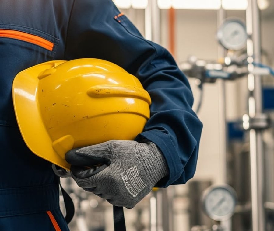 Site engineer holding safety helmet at a plant room